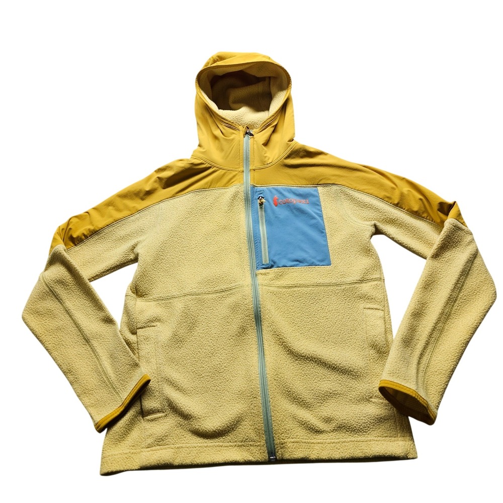 Cotopaxi Teca Fleece Full-Zip Hooded Jacket XS Yellow Tan Blue Outdoor Hiking